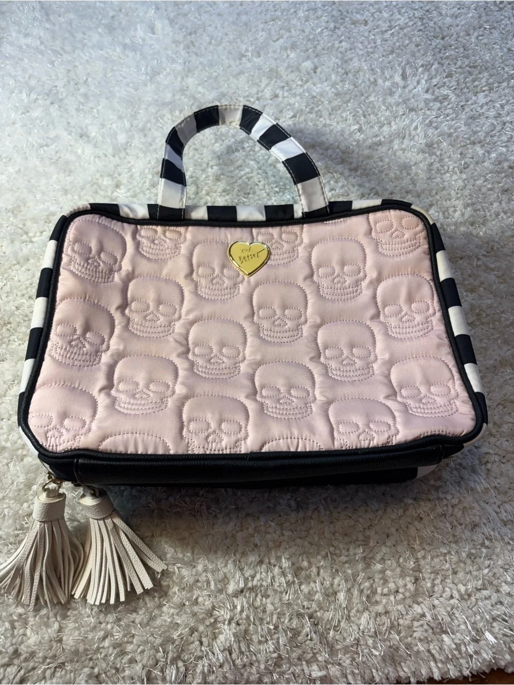 Betsey Johnson Light Pink Quilted Skull Cosmetic Bag with Striped Handle